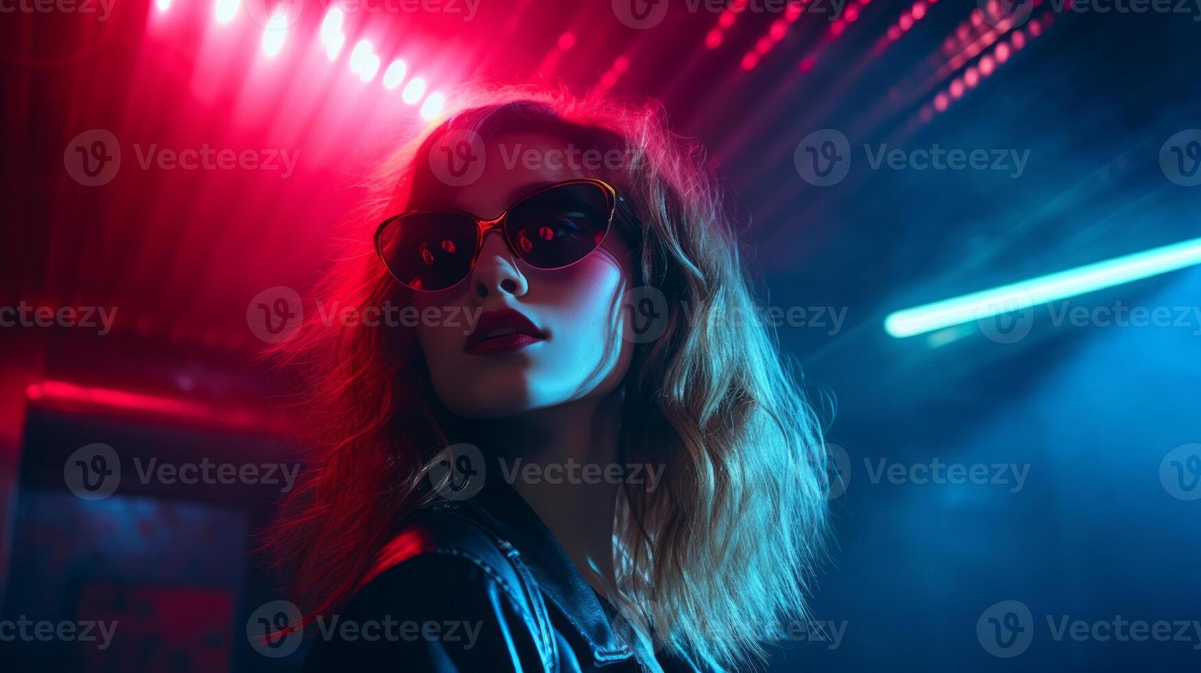 Teen hipster girl in stylish glasses standing on light background. Neural network photo