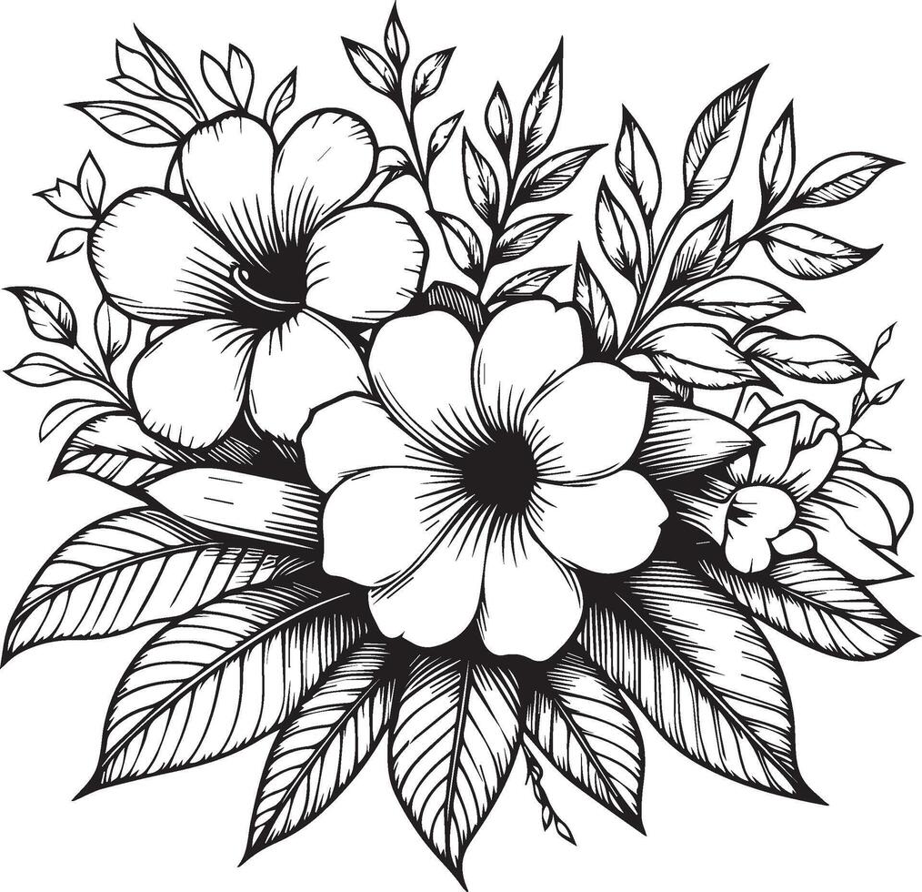 Black and white sketch illustration of floral ornament bouquet of Allamanda cathartica simplicity, Embellishment, zentangle design element for card printing coloring pages, detailed flower art vector