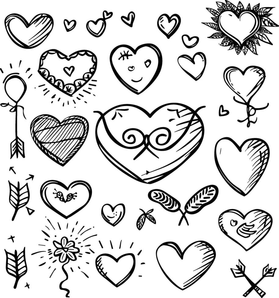 Doodle hand drawn hearts and arrows set illustration, doodle art style, simple design, white background, vector