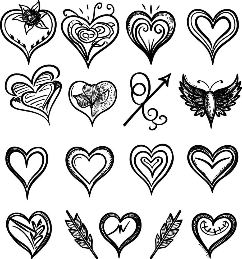 Doodle hand drawn hearts and arrows set illustration, doodle art style, simple design, white background, vector