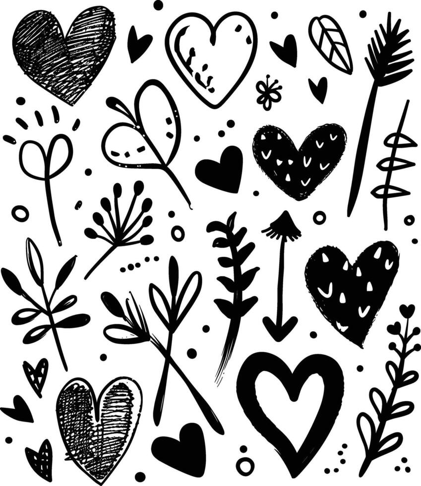 Doodle hand drawn hearts and arrows set illustration, doodle art style, simple design, white background, vector
