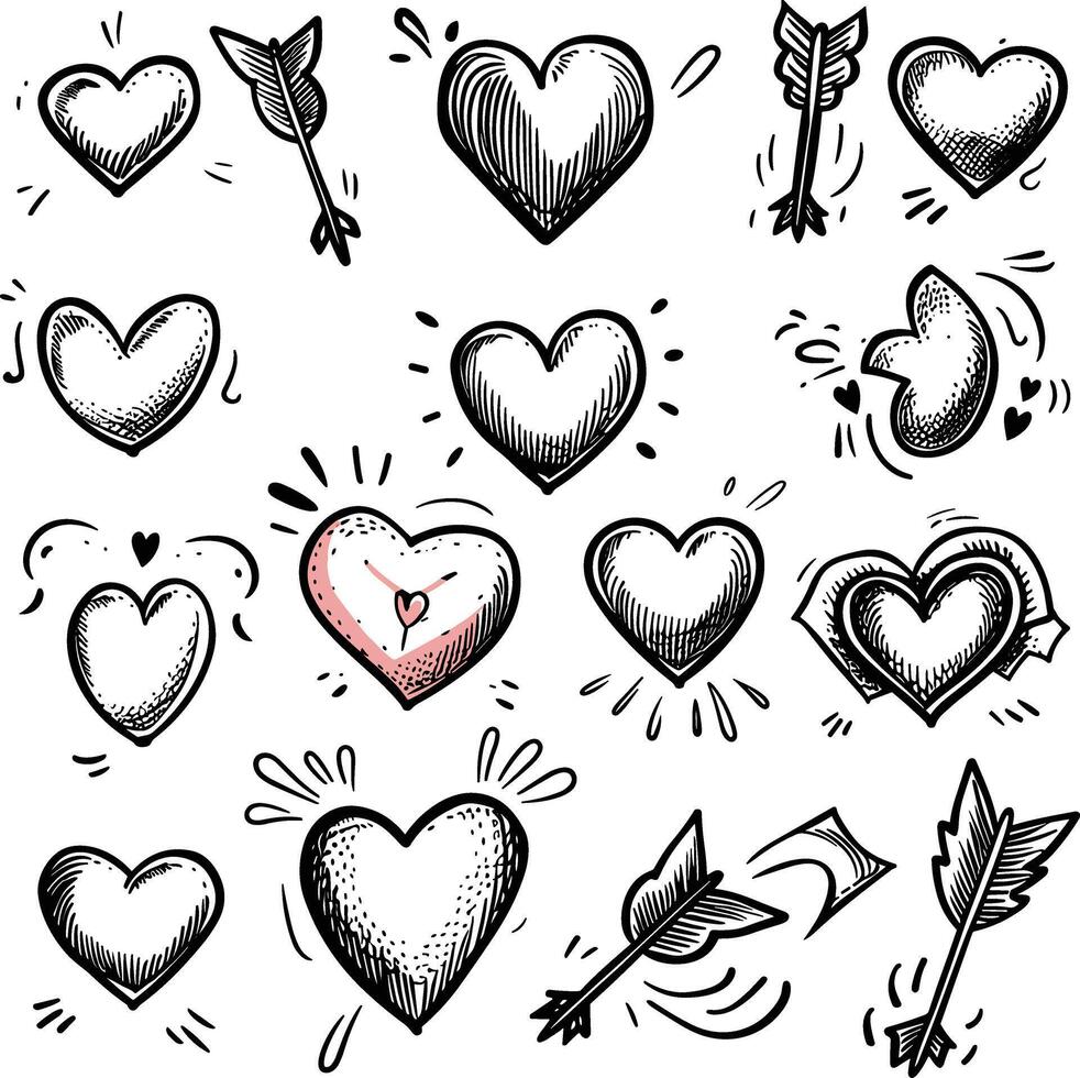 Doodle hand drawn hearts and arrows set illustration, doodle art style, simple design, white background, vector