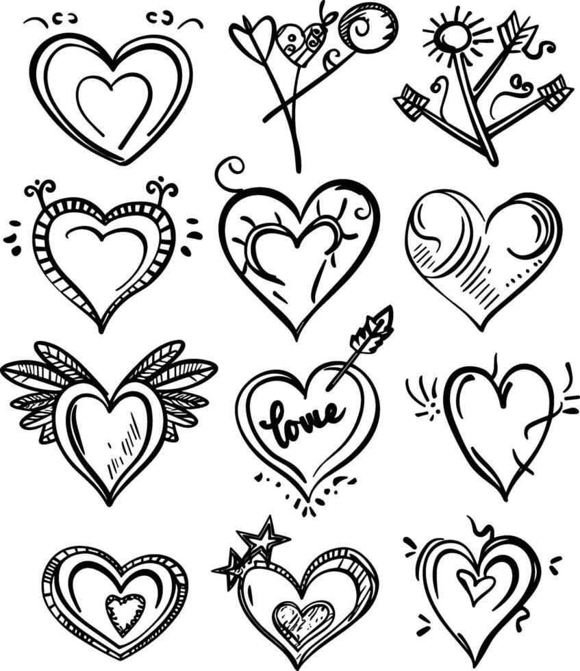 Doodle hand drawn hearts and arrows set illustration, doodle art style, simple design, white background, vector