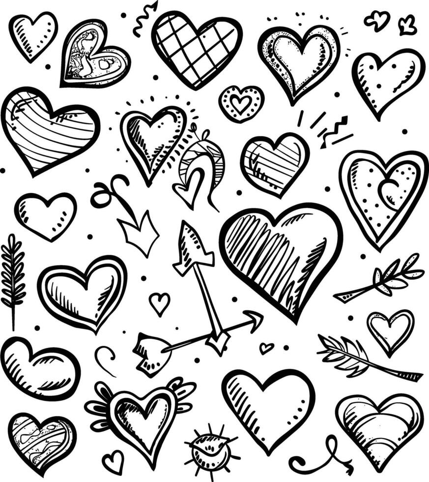 Doodle hand drawn hearts and arrows set illustration, doodle art style, simple design, white background, vector