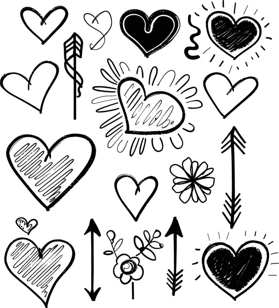 Doodle hand drawn hearts and arrows set illustration, doodle art style, simple design, white background, vector