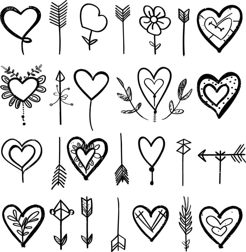 Doodle hand drawn hearts and arrows set illustration, doodle art style, simple design, white background, vector