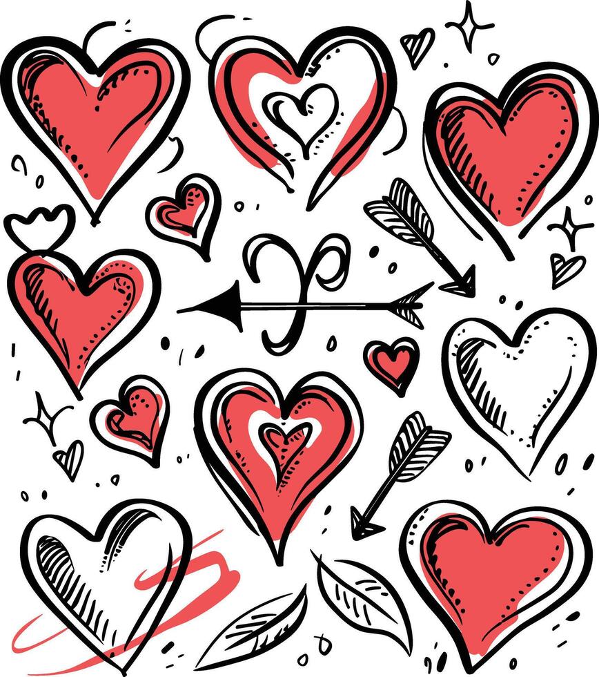 Doodle hand drawn hearts and arrows set illustration, doodle art style, simple design, white background, vector
