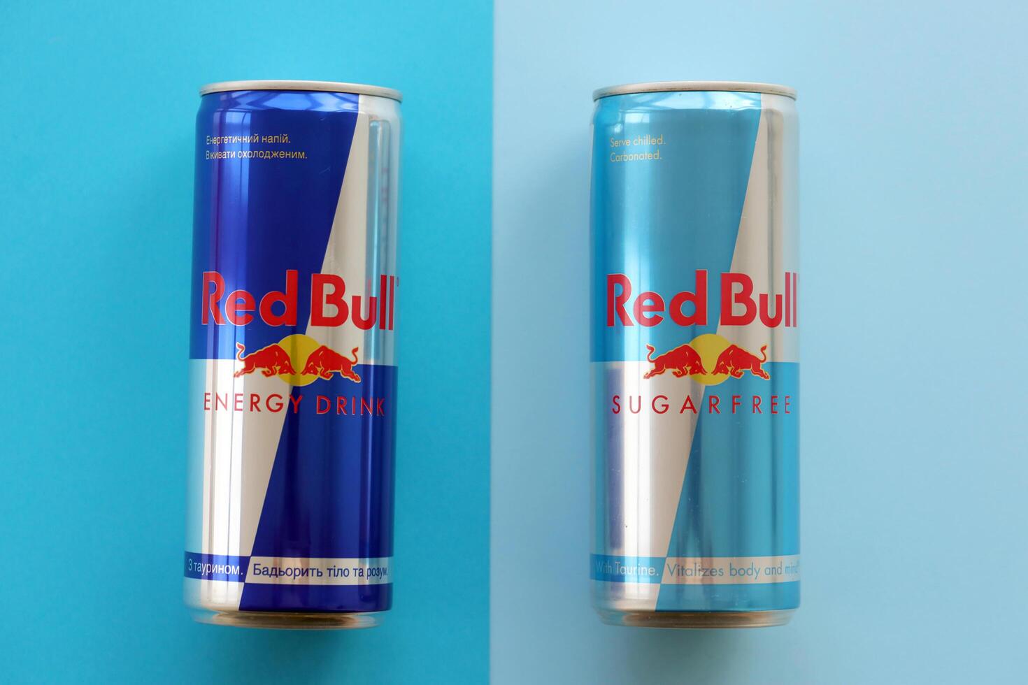 TERNOPIL, UKRAINE - JULY 7, 2023 Red Bull energy drink aluminium tin can with original design photo
