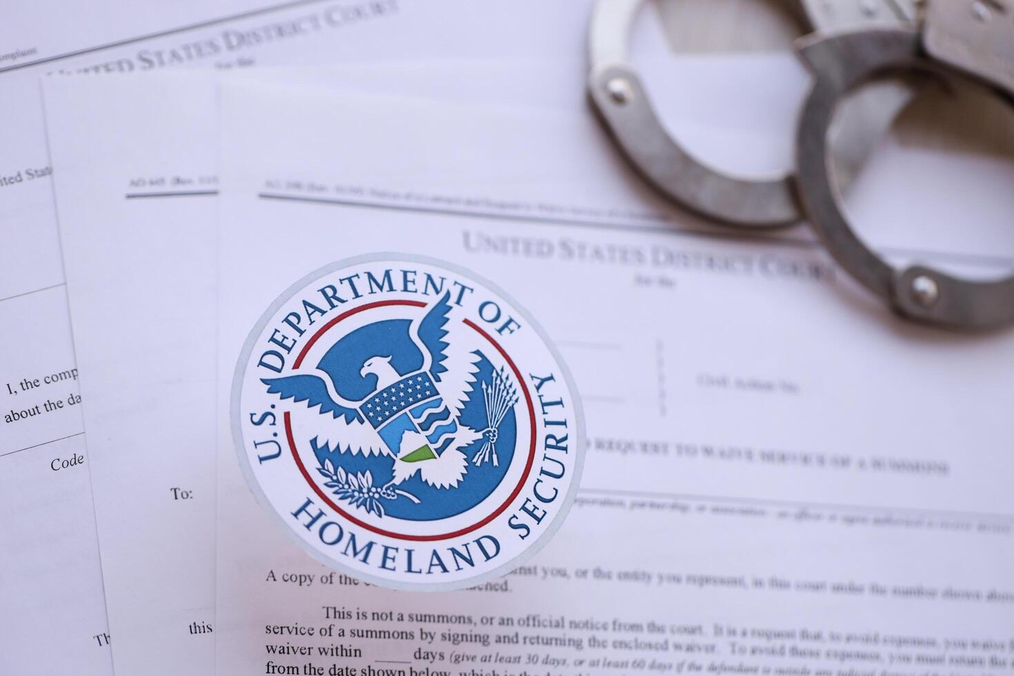 KYIV, UKRAINE - MARCH 9, 2024 US Department of Homeland Security seal with handcuffs on many US District Court warrants and complaints photo
