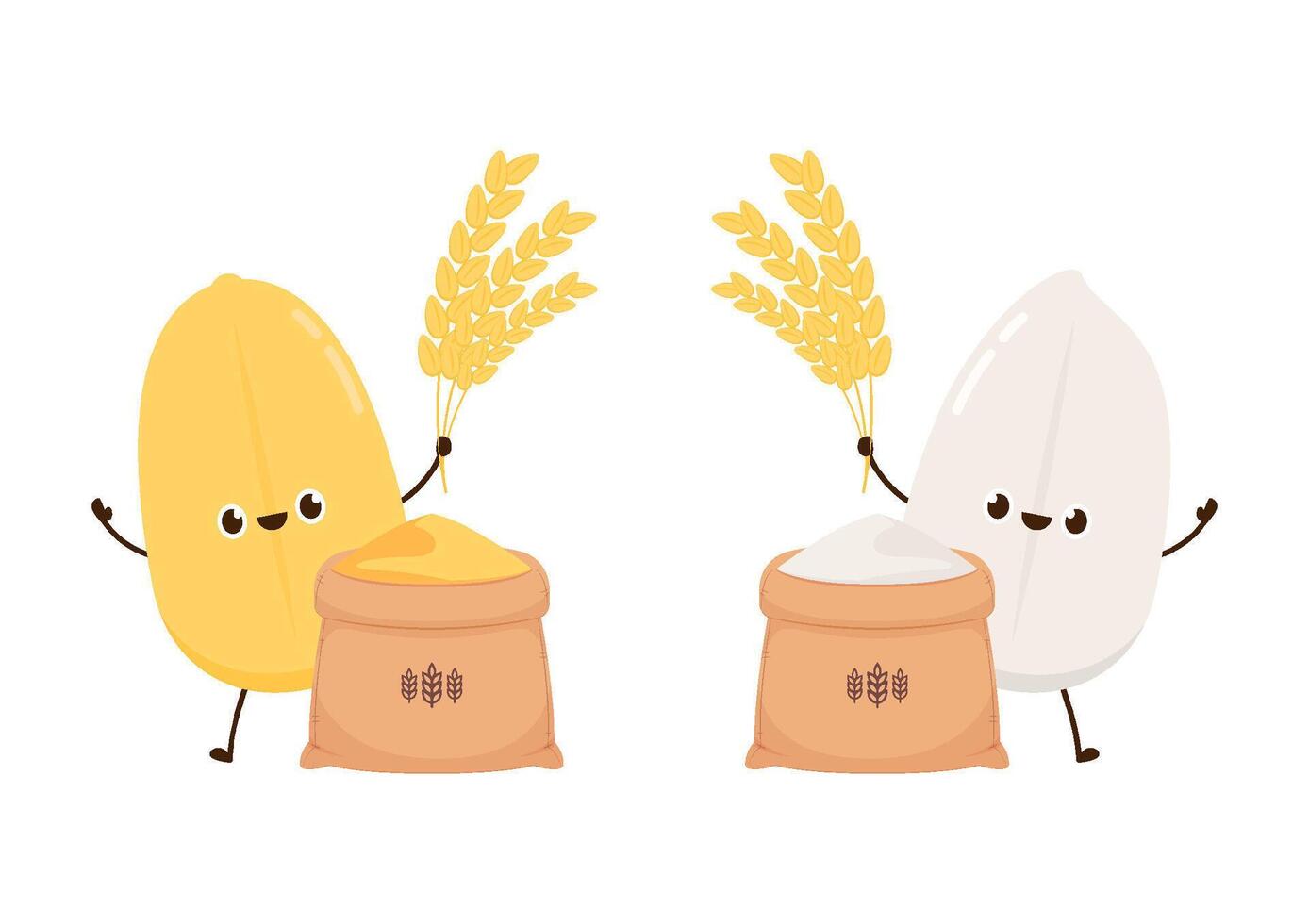 Rice character design. rice on white background. rice seed. Peasant hat . vector