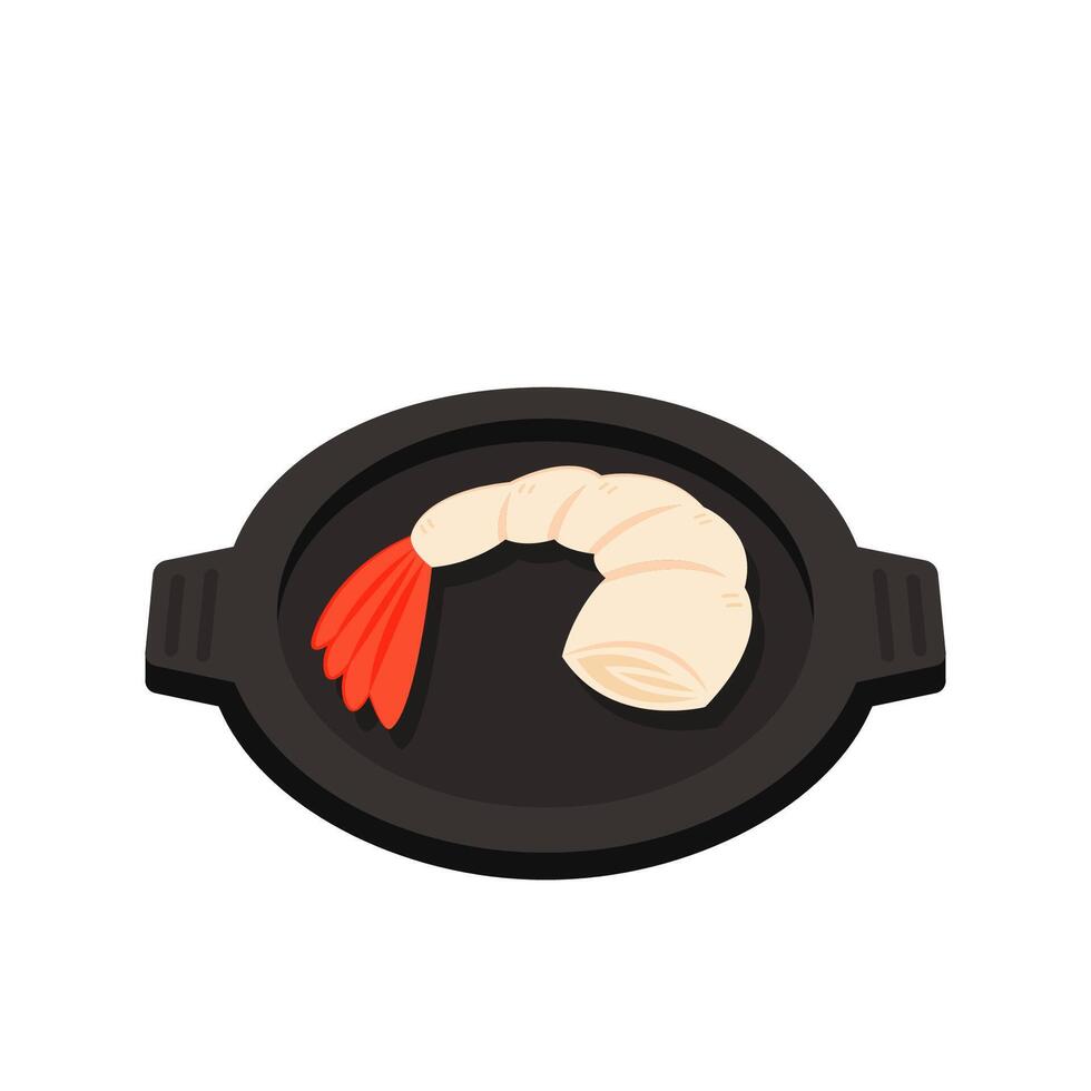 Shrimp cartoon . Shrimp on a Pan . Shrimp logo design. Sea food logo. vector