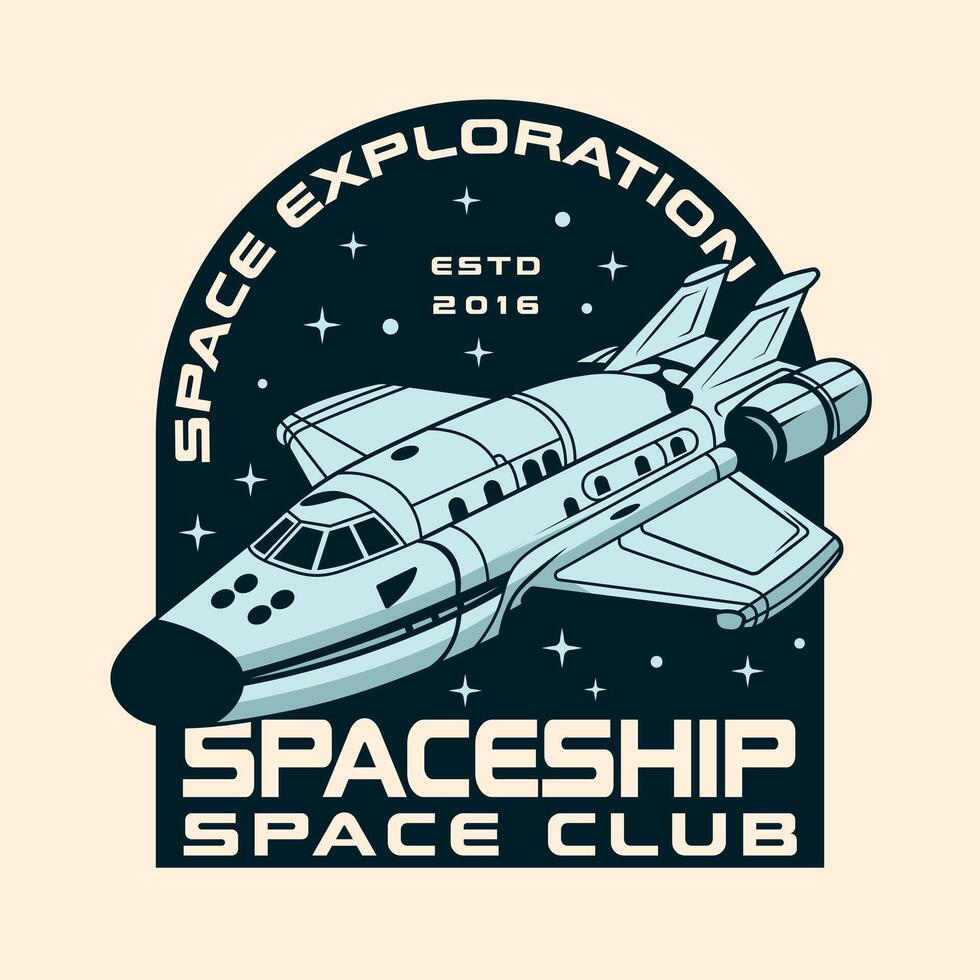 Spaceship Rocket flying spacecraft in the galaxy Vintage Retro Badge logo vector