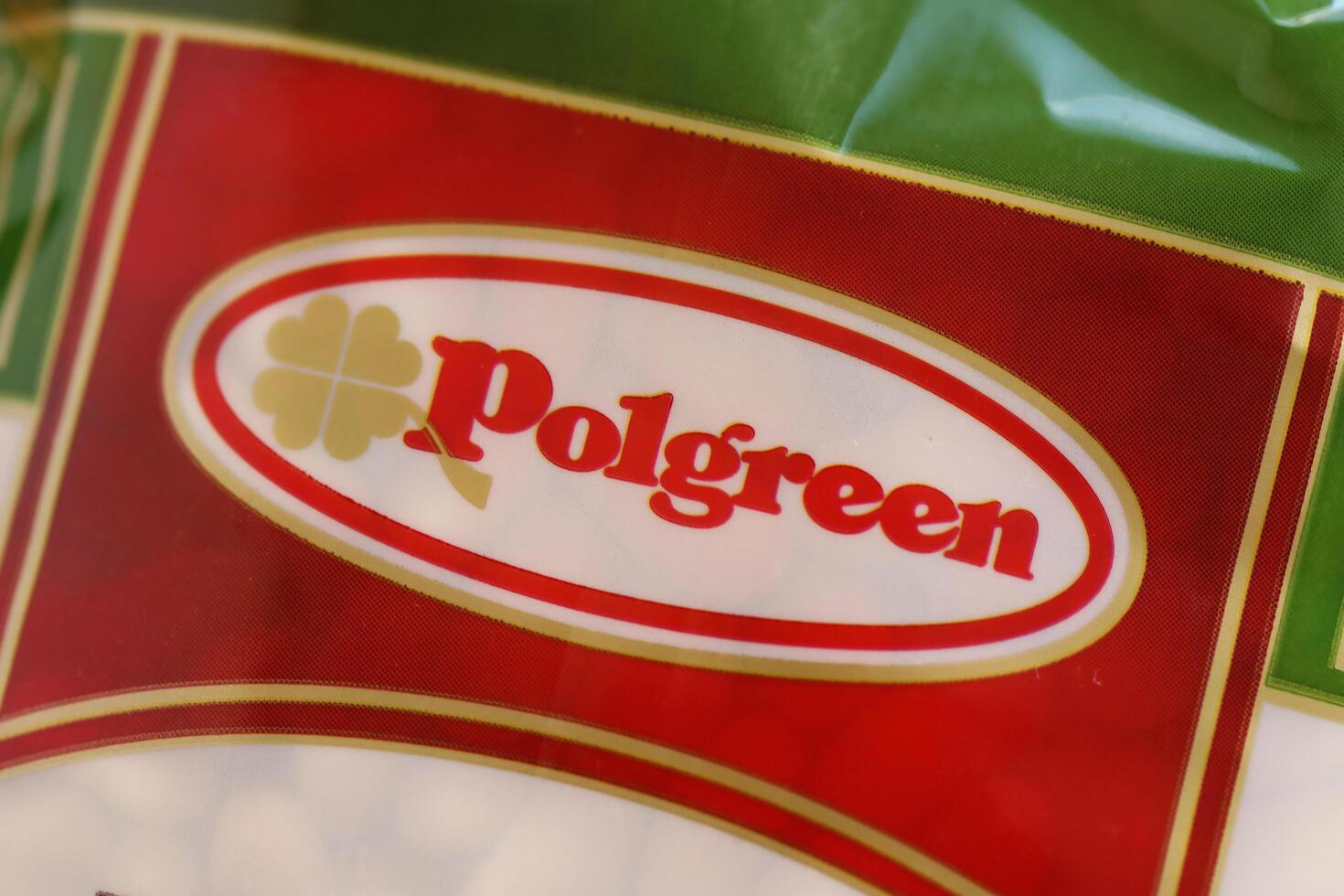 KYIV, UKRAINE - 4 MAY, 2023 Polgreen logo on cardboard pack of polish food photo
