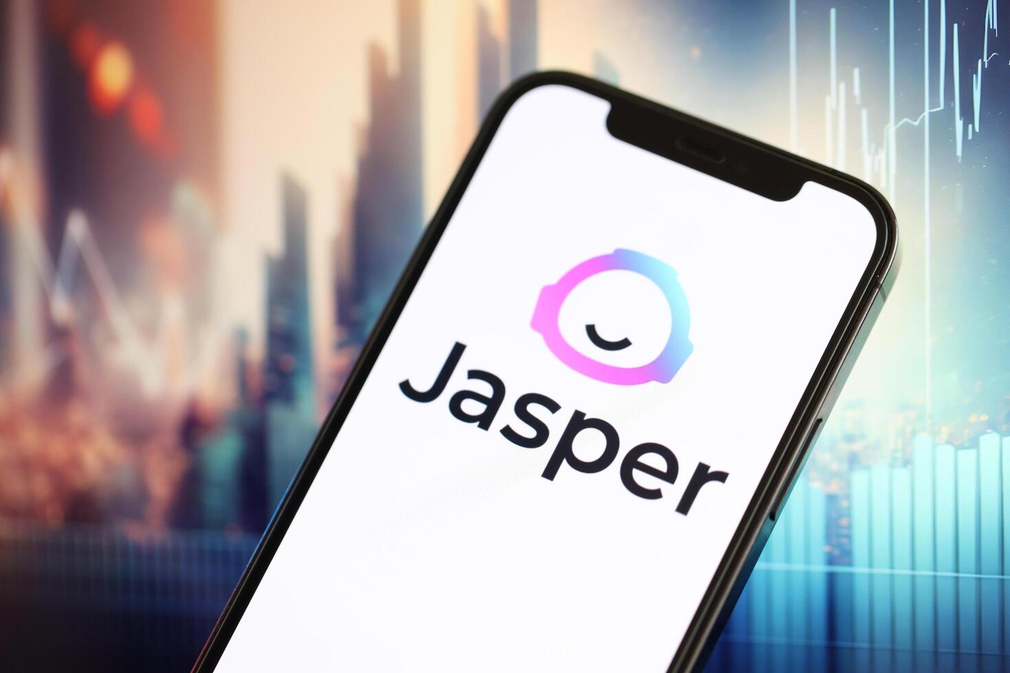 KYIV, UKRAINE - MARCH 17, 2024 Jasper logo on iPhone display screen with background of artificial intelligence futuristic image photo
