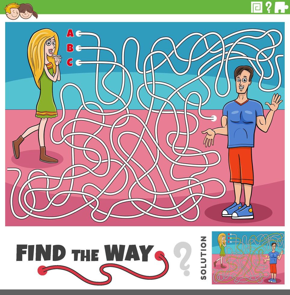 maze activity game with cartoon girl and guy vector