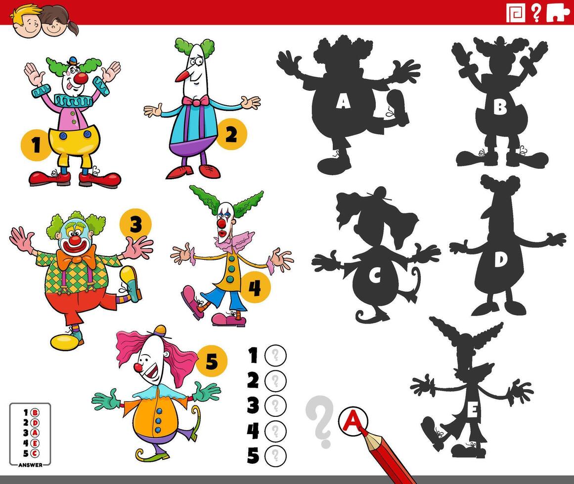 finding shadows activity with cartoon clowns characters vector
