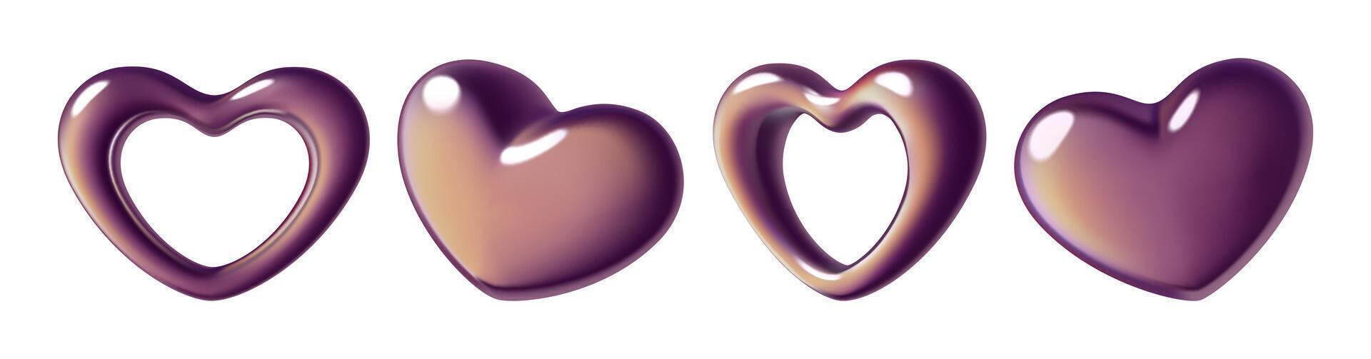 Metal gradient hearts 3d realistic shapes collection abstract iridescent y2k design elements vector