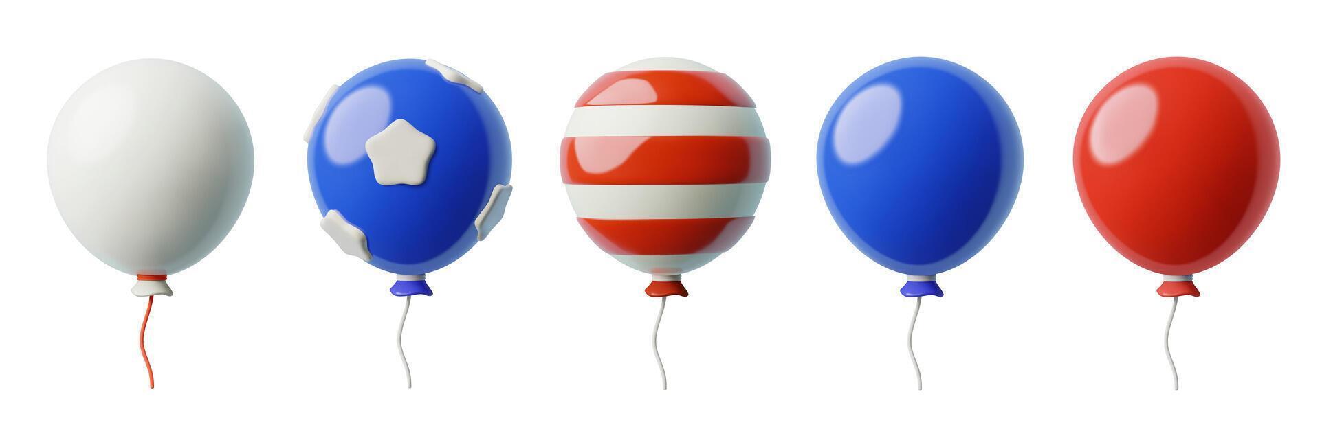 3D balloons icons for 4th July blue, red and white with stars and stripes holiday elements vector