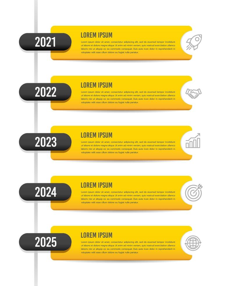 5 vertical infographics or options showing business timeline information. Business presentation, Report, Milestone, Marketing and Planning. vector