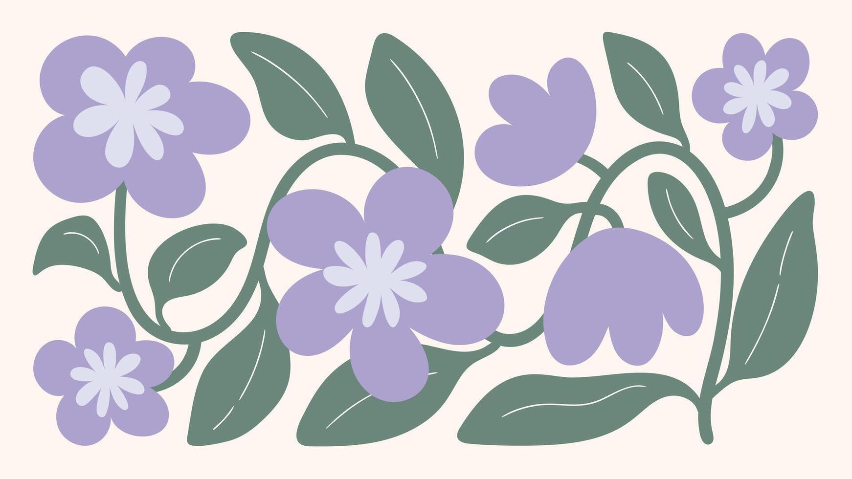 Abstract botanical art background . Natural hand drawn pattern design with purple flower, leaves branch. Simple contemporary illustrated Design for fabric, print, cover, banner, wallpaper. vector