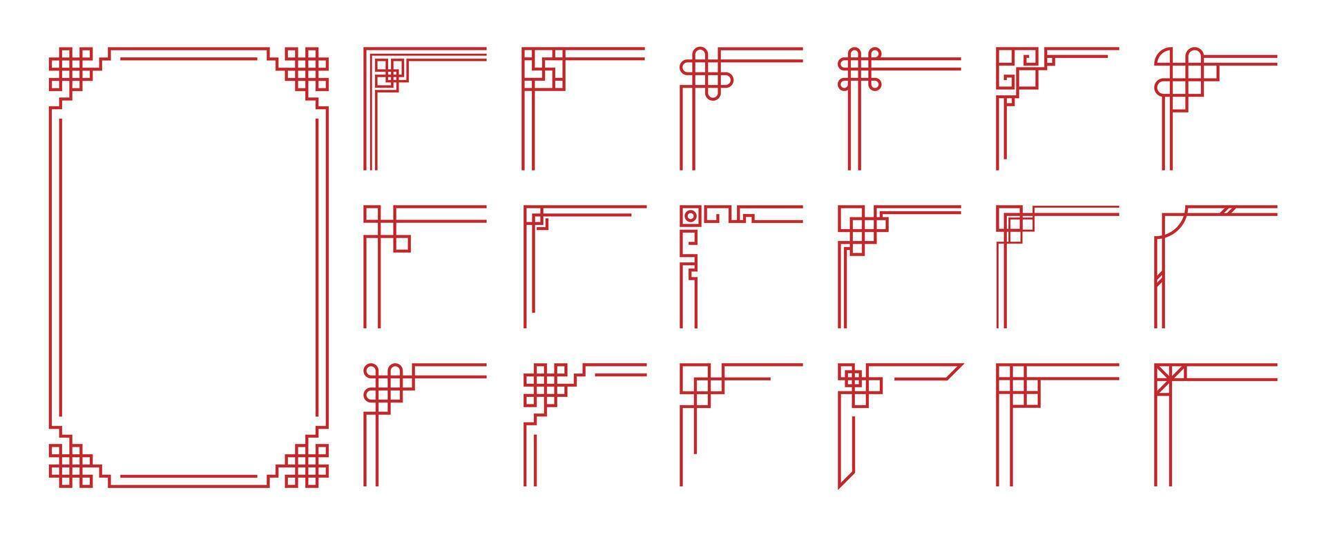 Chinese frame corner ornament set. Traditional decorative elements with line, corner, borders, frames, headers. Illustration of elegant design suitable for card, invitation, poster, cover. vector