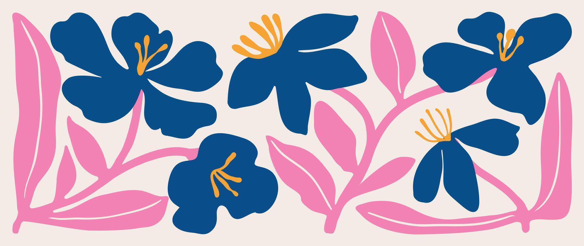 Abstract botanical art background . Natural hand drawn pattern design with blue flower, pink leaves branch. Simple contemporary illustrated Design for fabric, print, cover, banner, wallpaper. vector