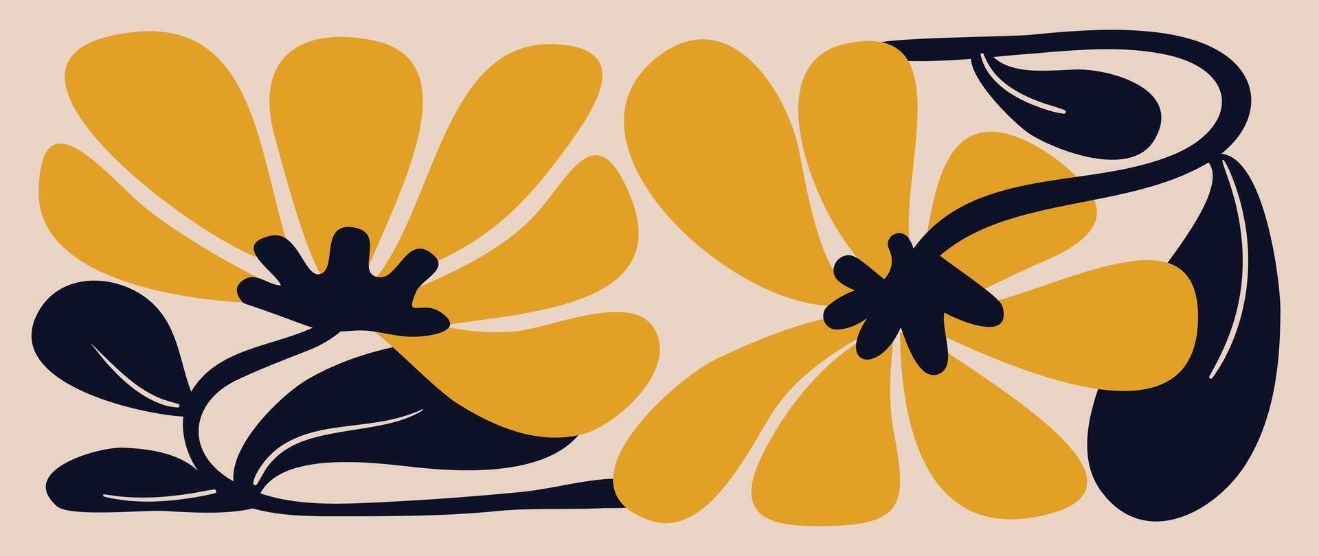 Abstract botanical art background . Natural hand drawn pattern design with yellow flower, leaves branch. Simple contemporary illustrated Design for fabric, print, cover, banner, wallpaper. vector
