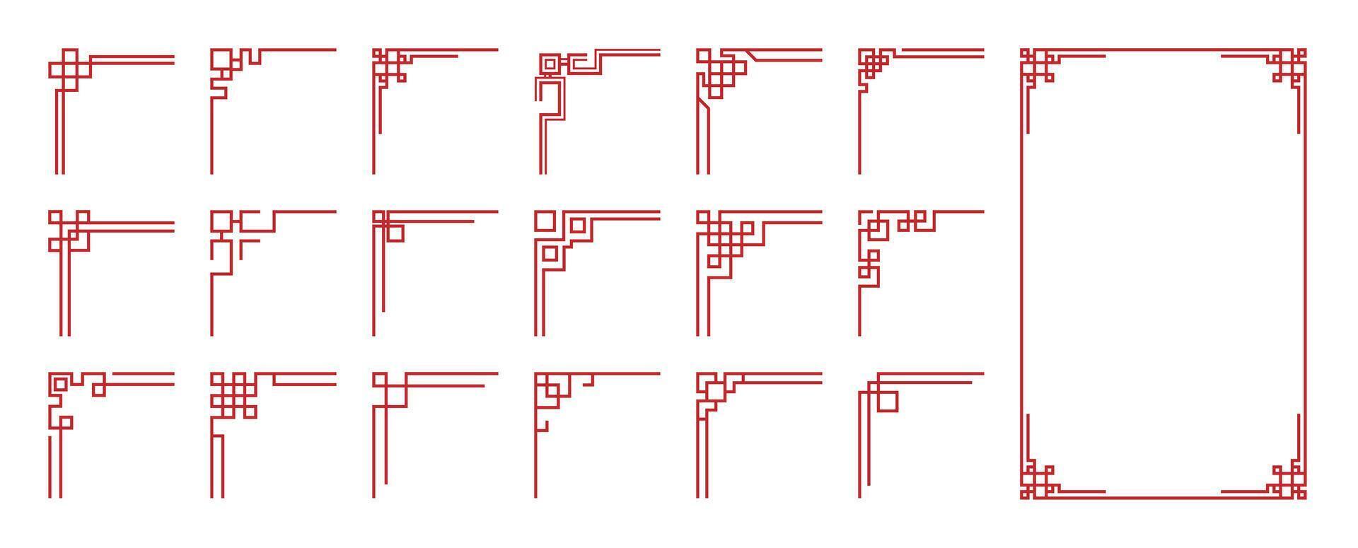 Chinese frame corner ornament set. Traditional decorative elements with line, corner, borders, frames, headers. Illustration of elegant design suitable for card, invitation, poster, cover. vector