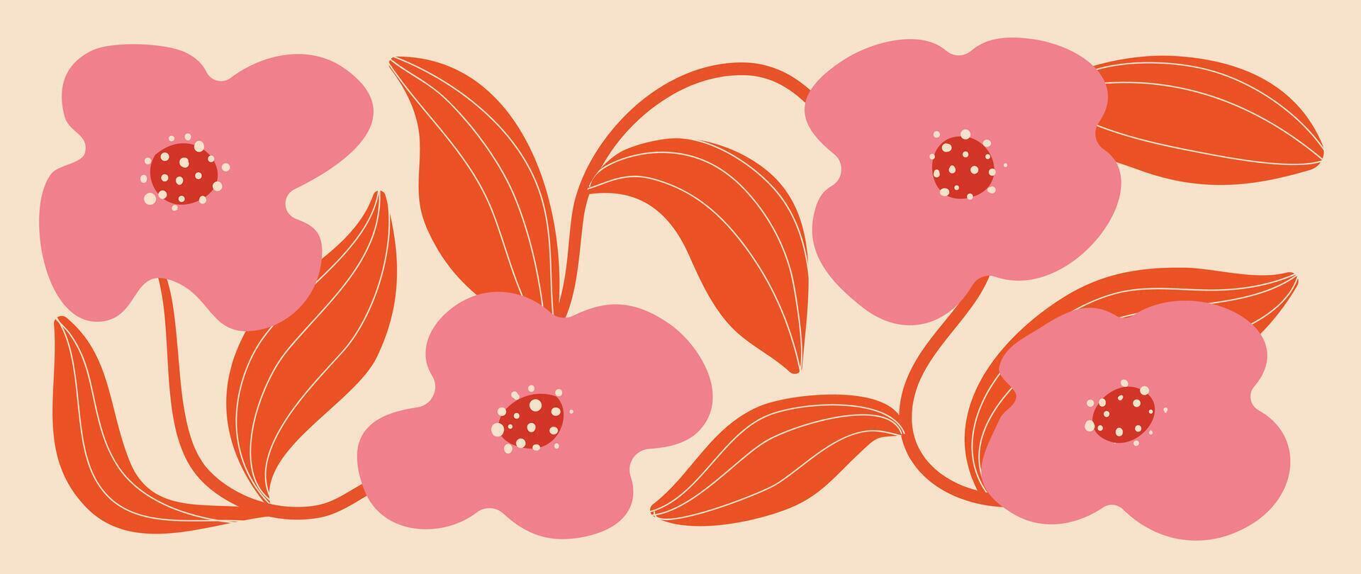 Abstract botanical art background . Natural hand drawn pattern design with pink flower, leaves branch. Simple contemporary illustrated Design for fabric, print, cover, banner, wallpaper. vector