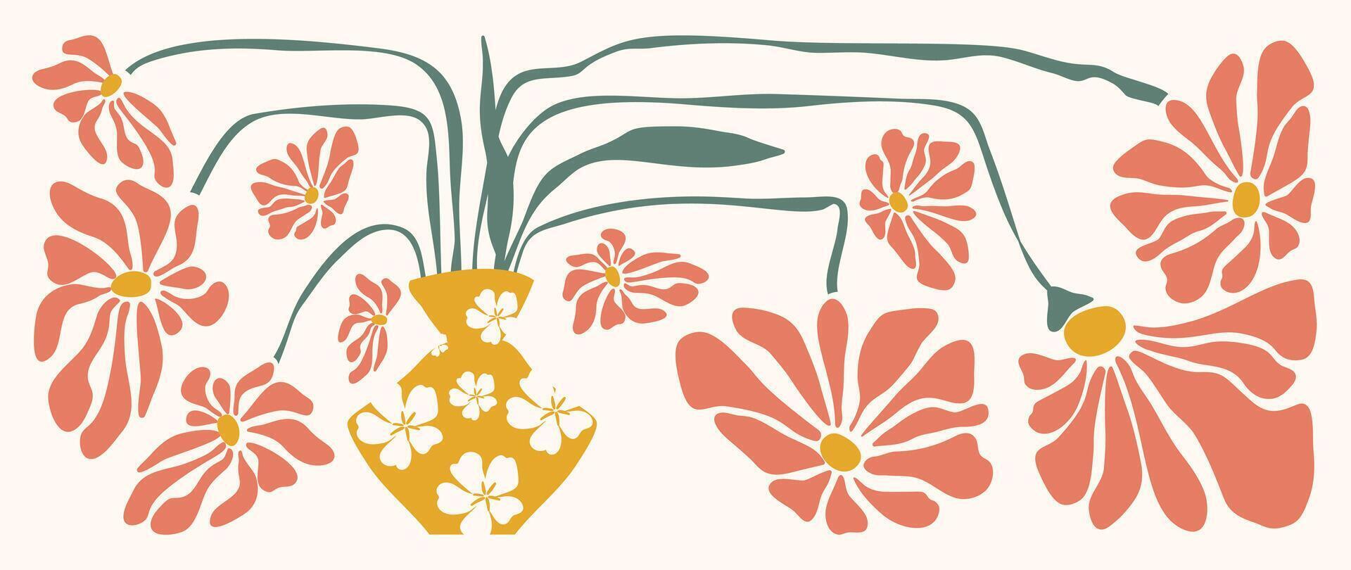 Abstract botanical art background . Natural hand drawn pattern design with orange flower, branch, vase. Simple contemporary illustrated Design for fabric, print, cover, banner, wallpaper. vector