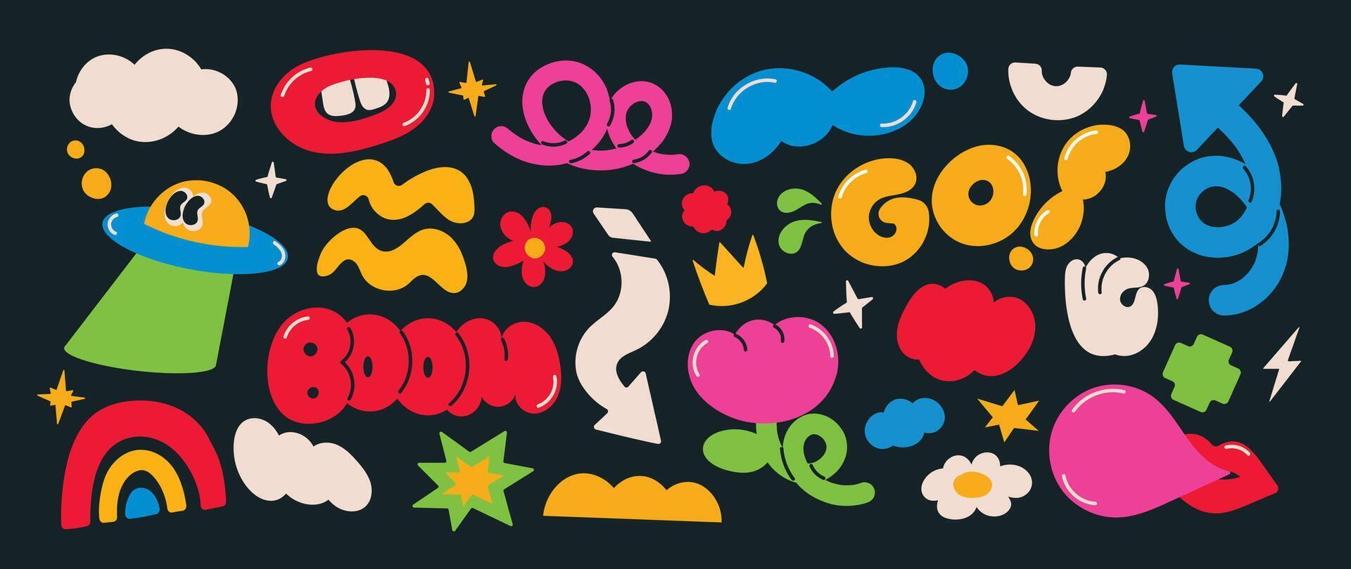 Set of funky groovy element . Collection of cartoon characters, cute doodle dawn, sparkle, hand, spaceship, flower. Retro hippie design for decorative, sticker, toys and kids. vector