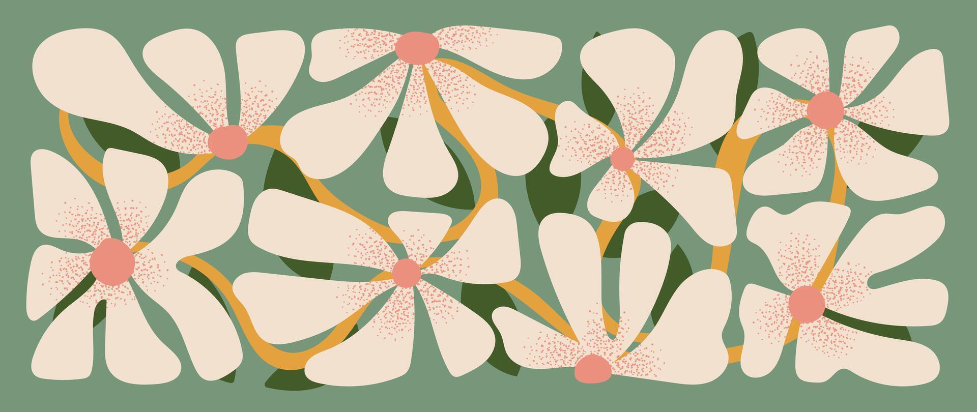 Abstract botanical art background . Natural hand drawn pattern design with white flower, leaves branch. Simple contemporary illustrated Design for fabric, print, cover, banner, wallpaper. vector