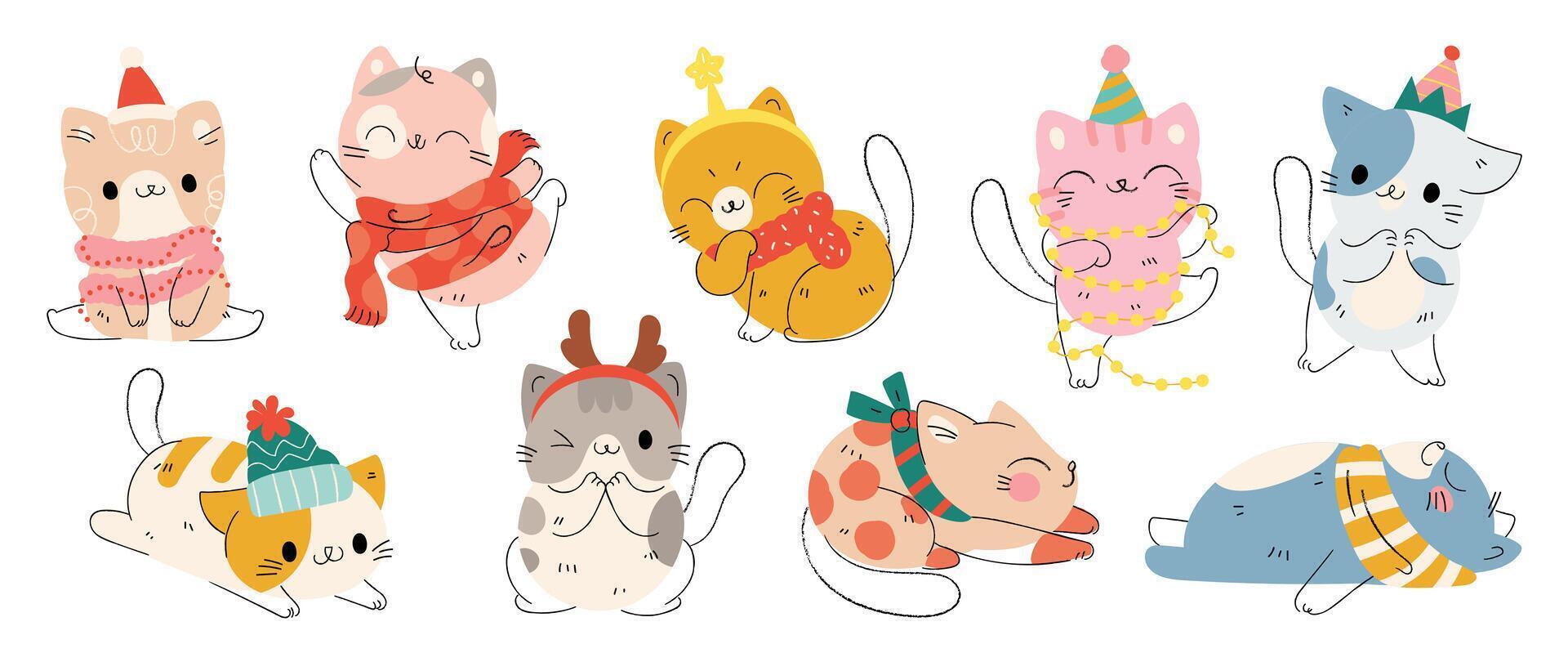 Merry christmas and winter concept background . Collection drawing of cute cats with decorative scarf, ribbon, hat. Design suitable for banner, print card, sticker, banner, cover. vector