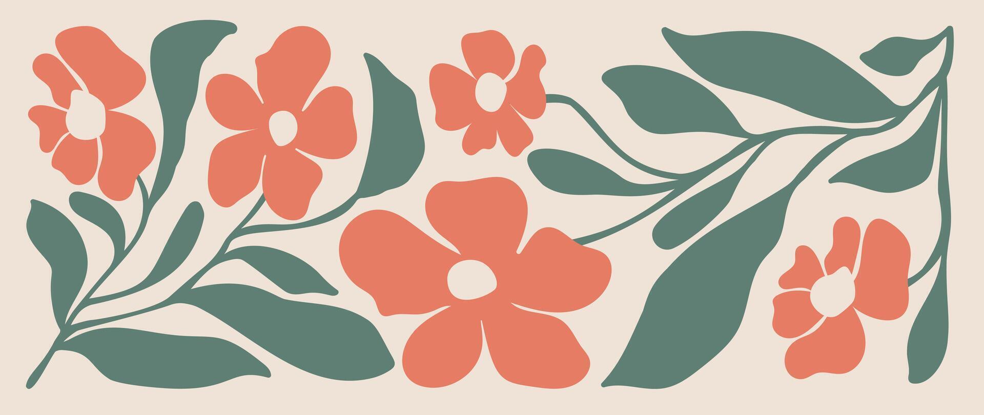 Abstract botanical art background . Natural hand drawn pattern design with orange flower, leaves branch. Simple contemporary illustrated Design for fabric, print, cover, banner, wallpaper. vector