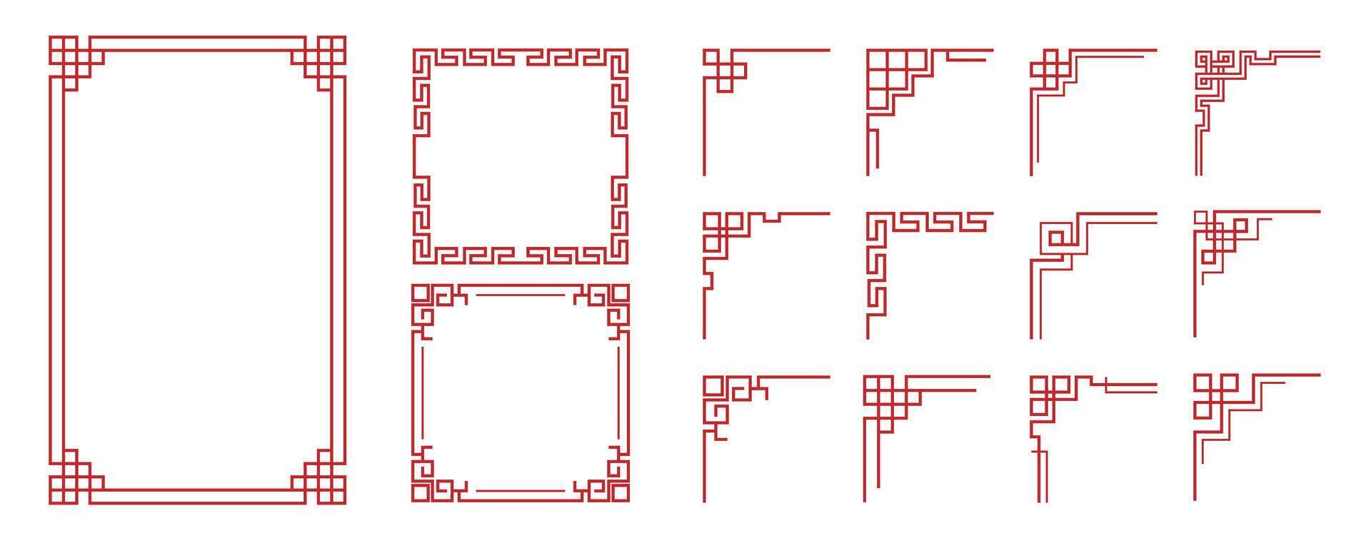 Chinese frame corner ornament set. Traditional decorative elements with line, corner, borders, frames, headers. Illustration of elegant design suitable for card, invitation, poster, cover. vector