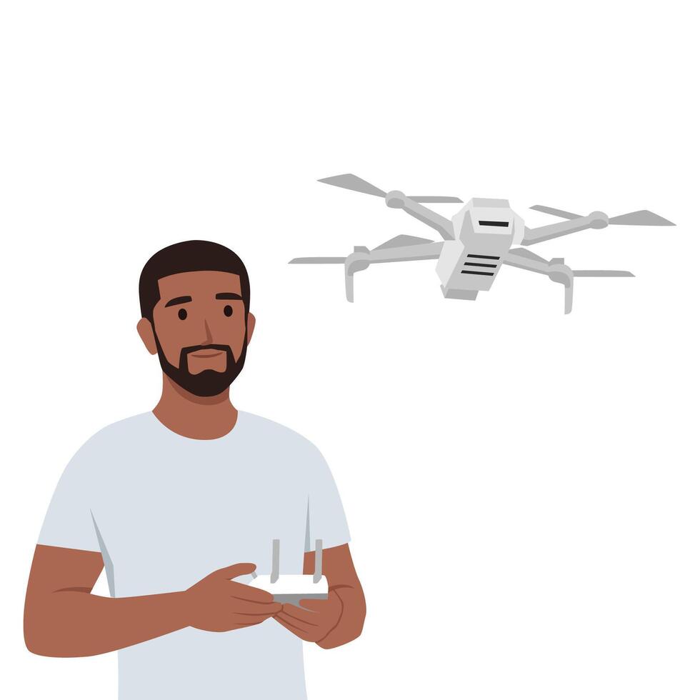 Young man with drone quadrocopter, Remote aerial drone with a camera taking photography or . vector