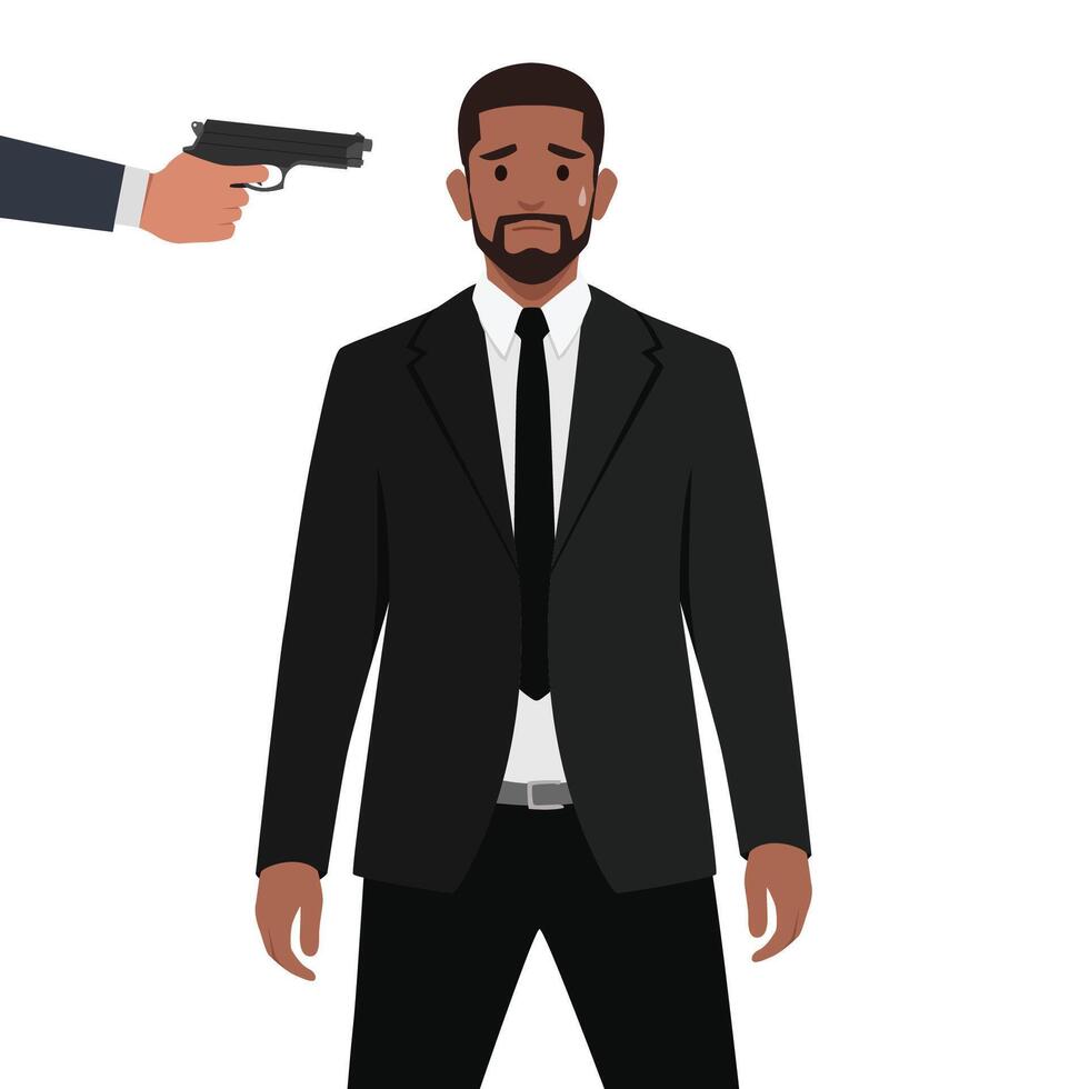 Young man wearing suit in fear because another man pointing a hand gun at him. vector