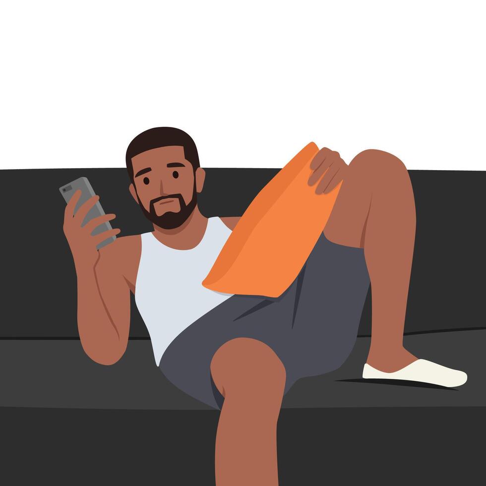 Young man lying on sofa in living room with mobile phone chilling. vector