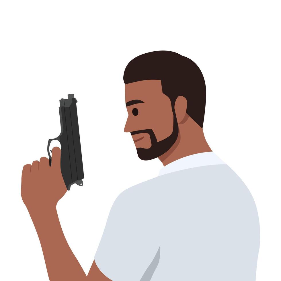 Young bearded man holding gun. vector