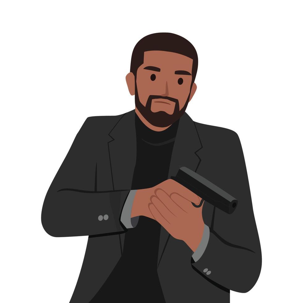 Young cool secret agent, bodyguard or assassin holding gun. vector