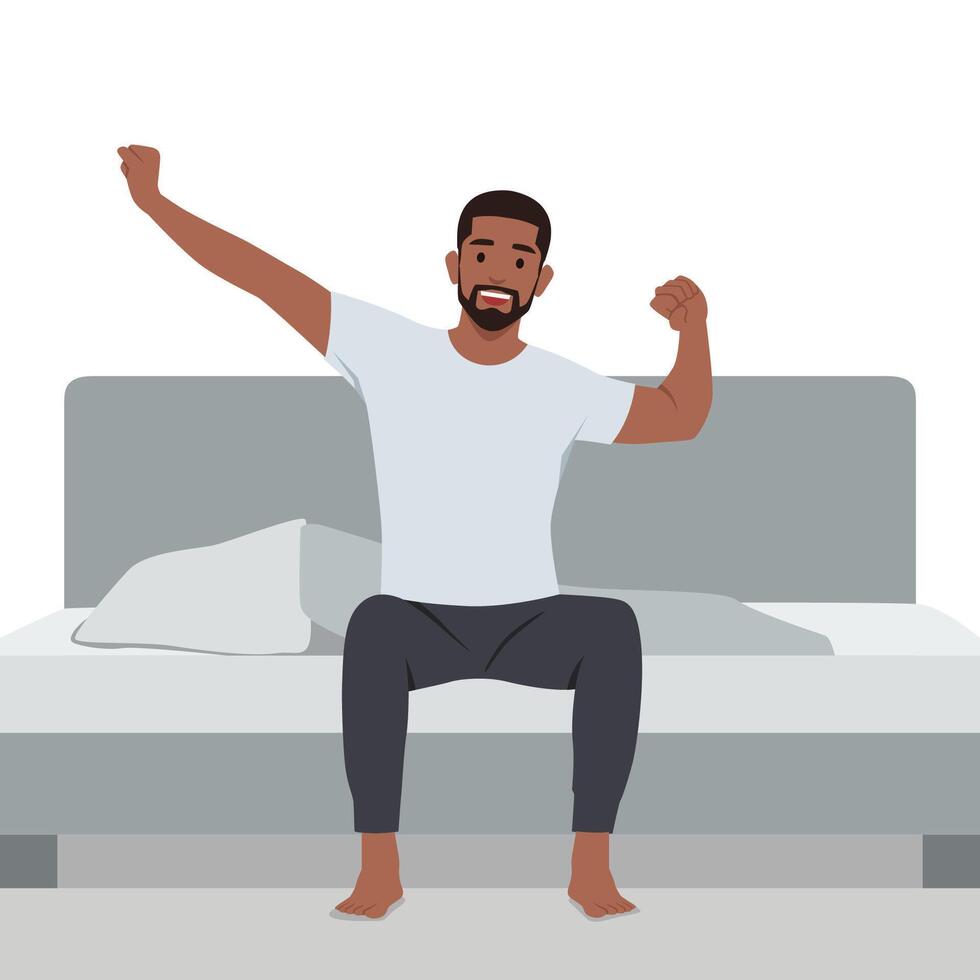 Man stretching in bed after waking up. vector