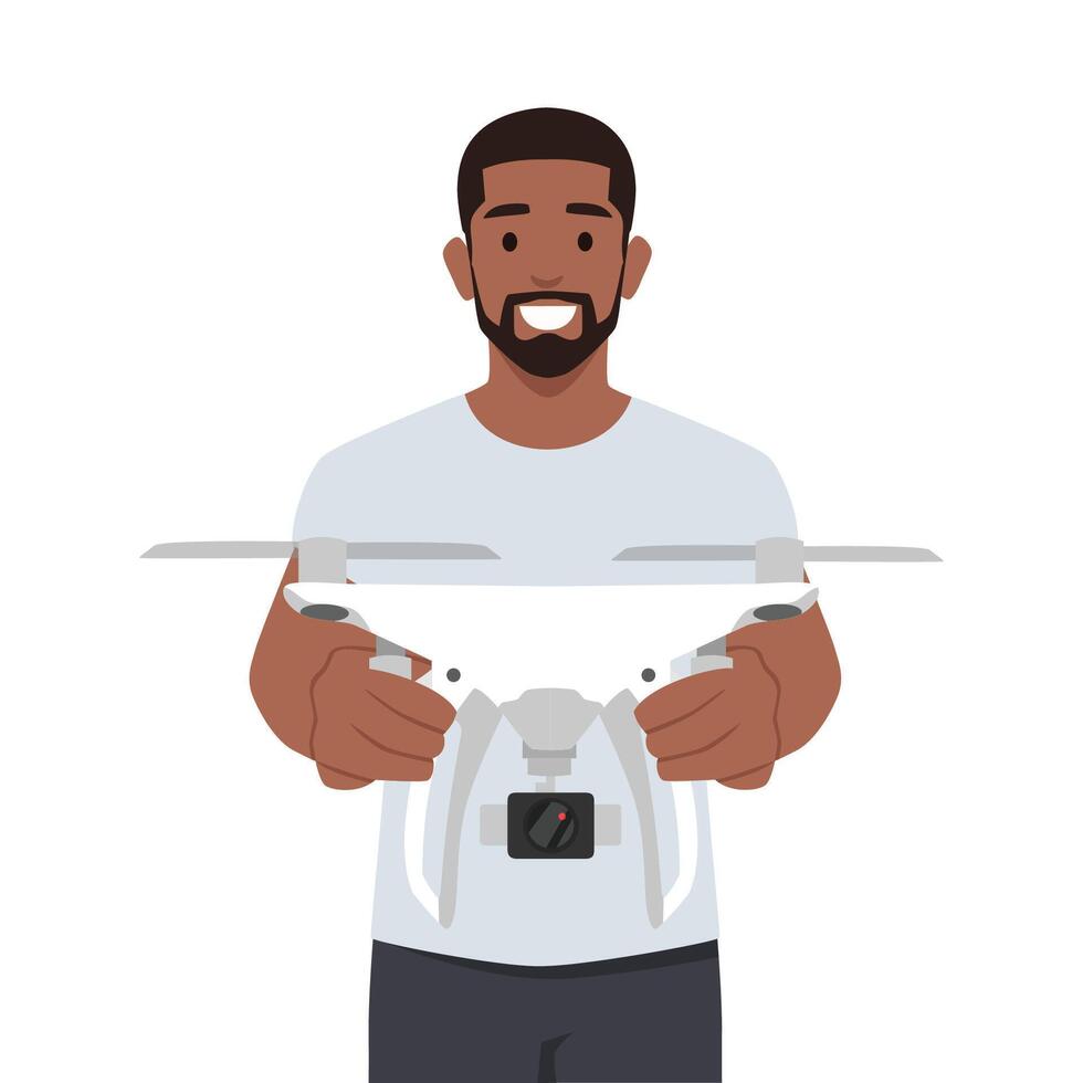 Drone with controller in hands of man. vector
