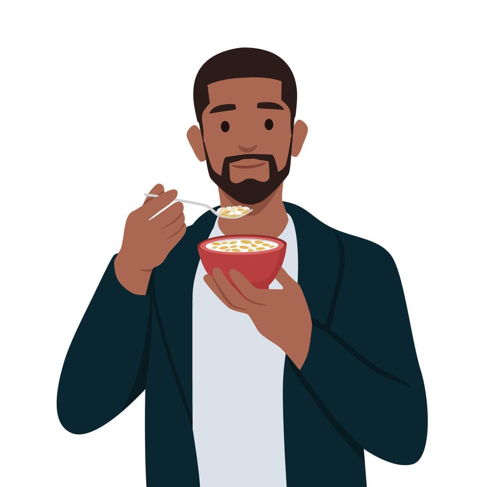 Young man having breakfast with cereal and milk. vector