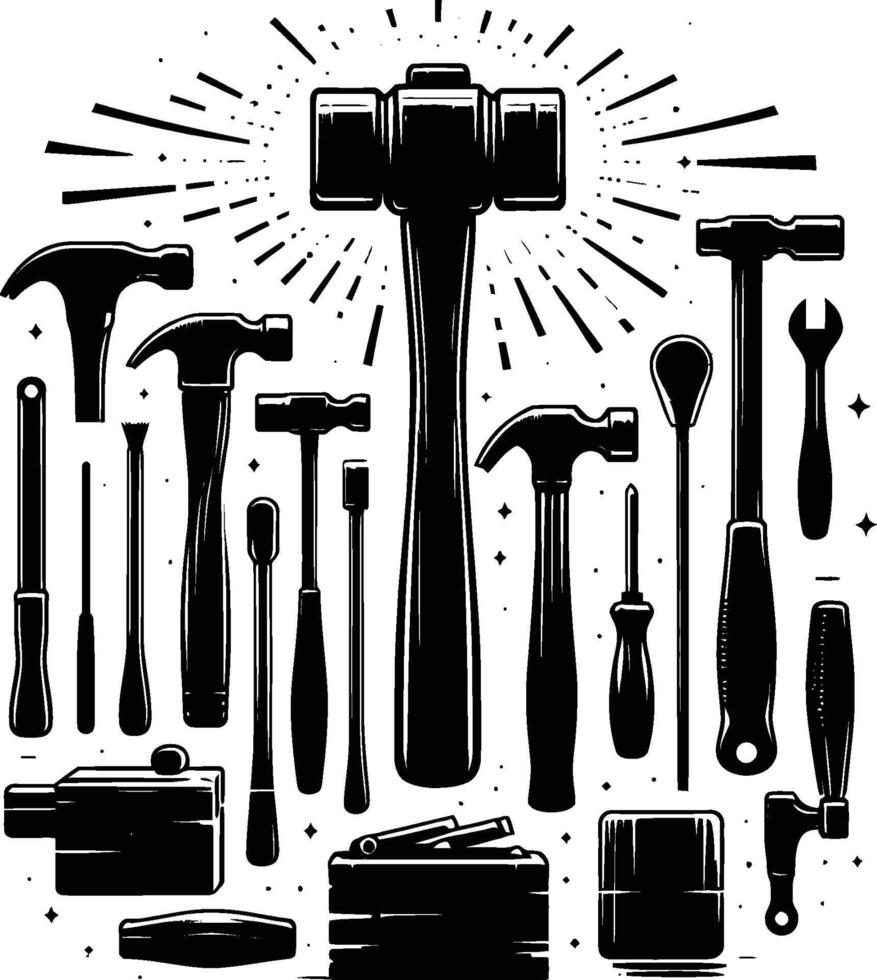 Mallet , isolated on white background. silhouette of mallet and other tools. vector