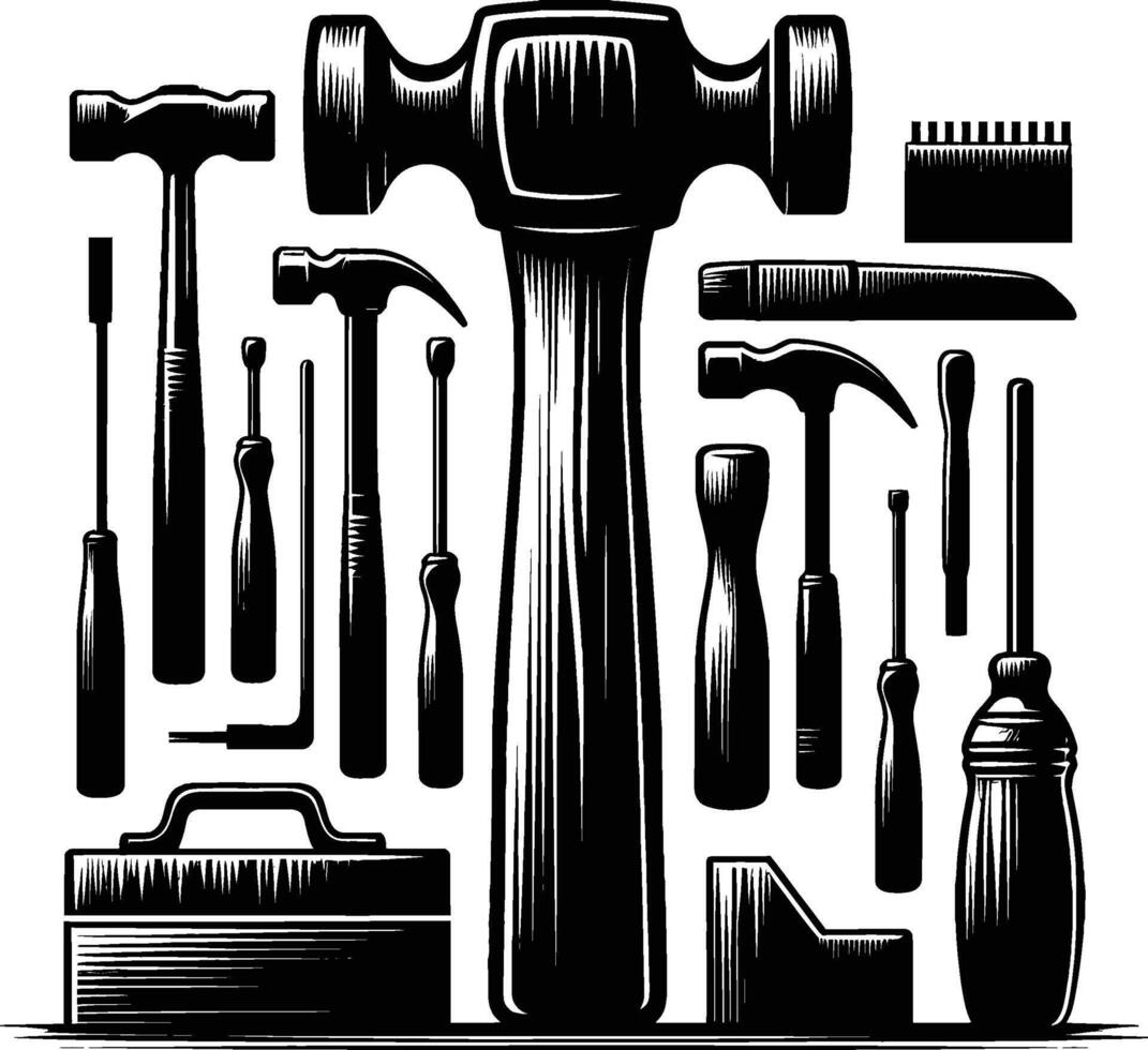 Mallet , isolated on white background. silhouette of mallet and other tools. vector