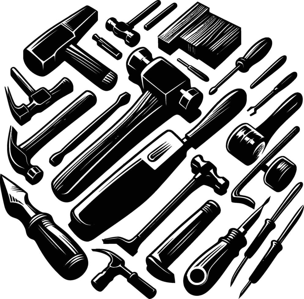 Mallet , isolated on white background. silhouette of mallet and other tools. vector