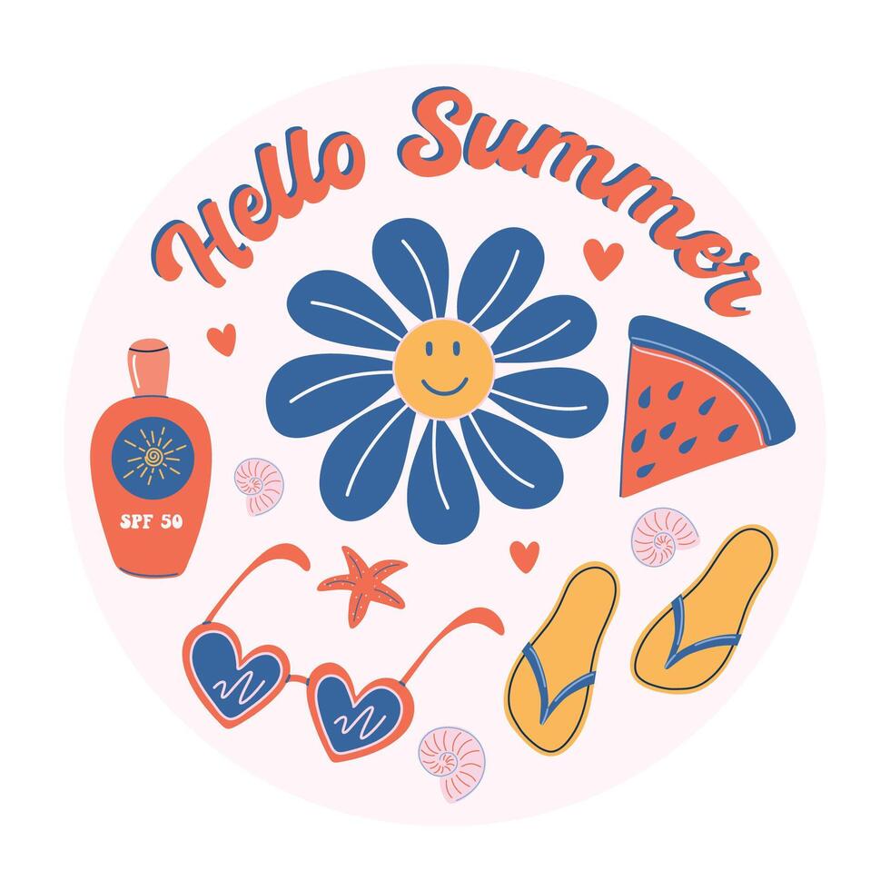 Summer travel destinations. Vintage Summer circle print with beach stuff and seashells. Hello Summer lettering. Hand drawn flat style illustration. vector