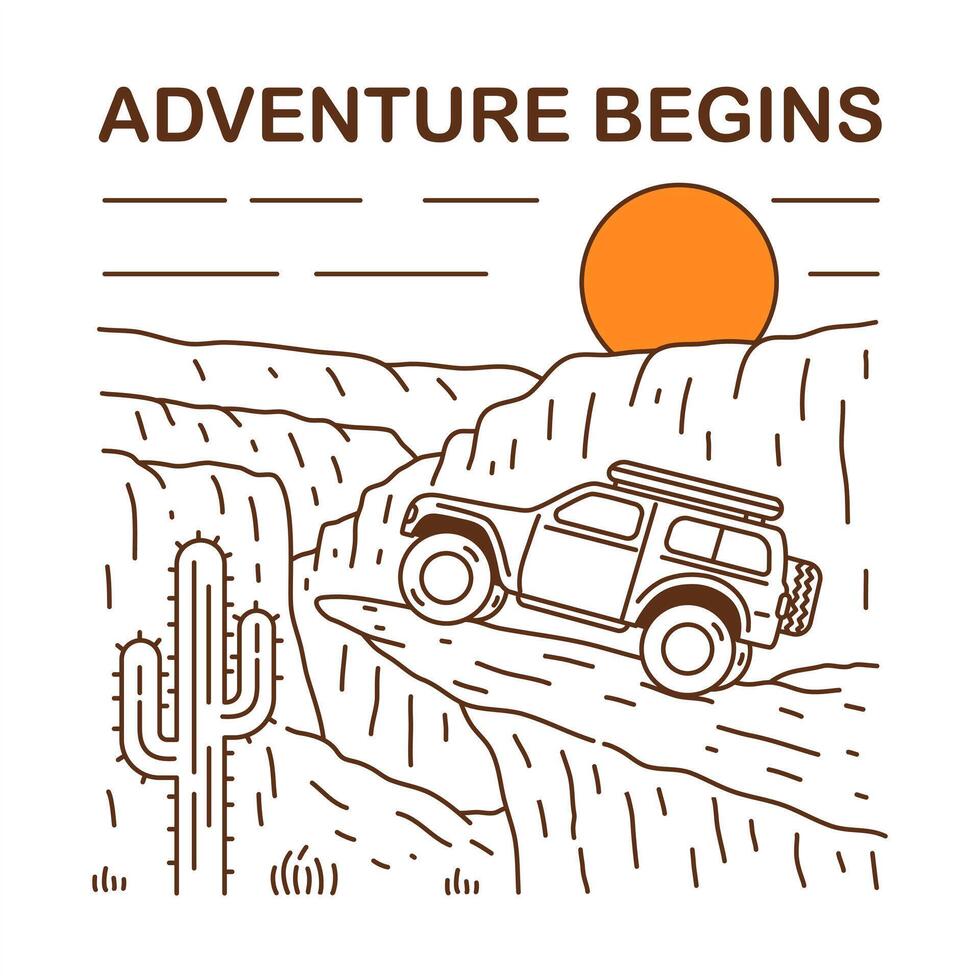 Adventurous off-road car in desert area mono line illustration Adventure begins vector