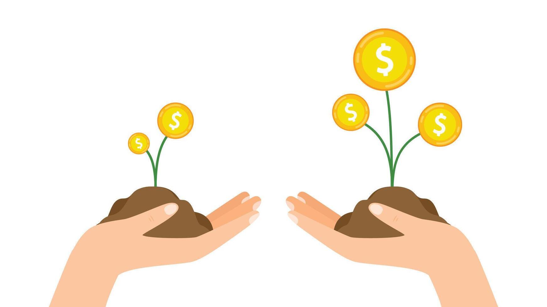 Hand with coin tree. Golden coins with dollar sign. Growth, income, savings. illustration in flat style. vector