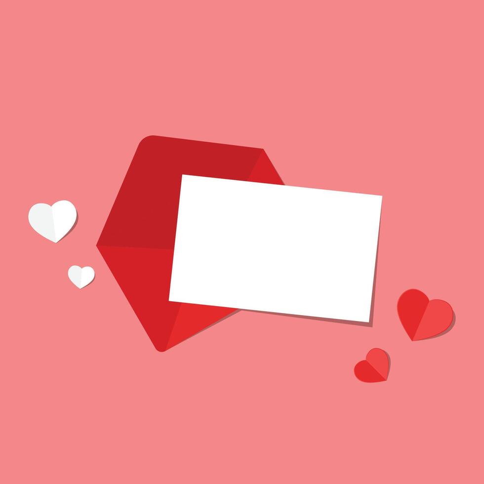 Love letter. White card with red paper envelope mockup . free space for text. copy space. Valentine's card . vector